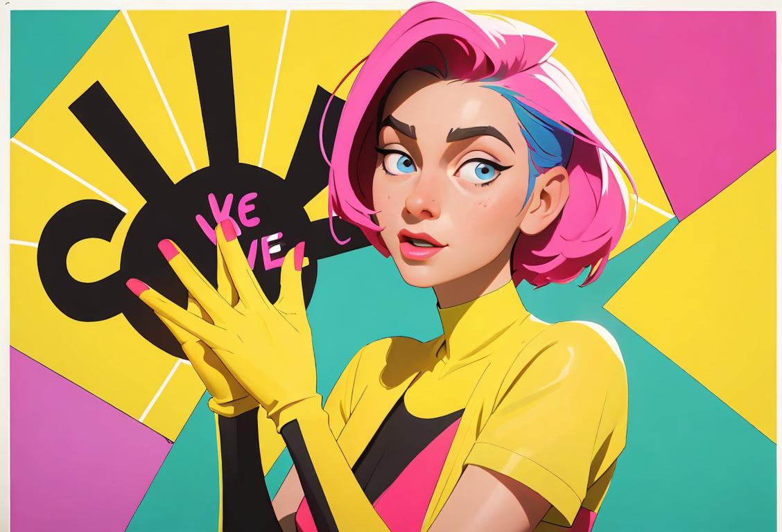 Young woman signing the word 'love' with her hands, wearing a colorful outfit and surrounded by vibrant sign language posters..