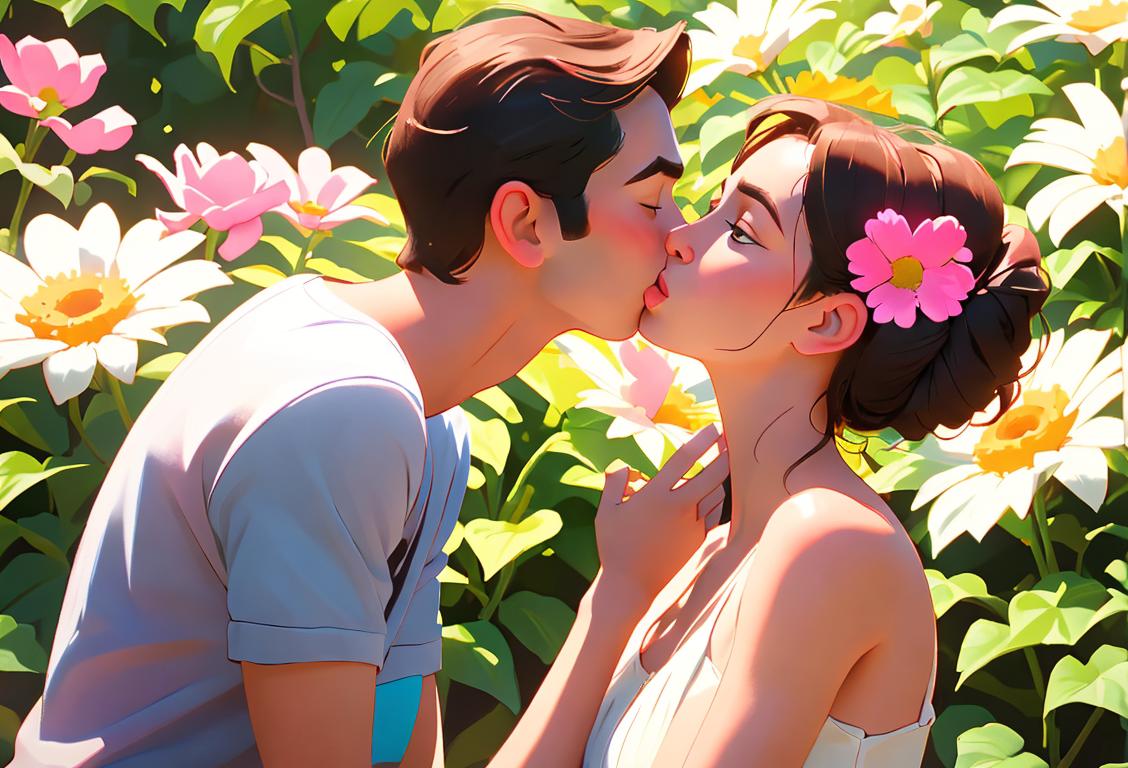 Young couple sharing a sweet kiss in a picturesque outdoor setting, dressed in casual summer fashion, surrounded by blooming flowers..
