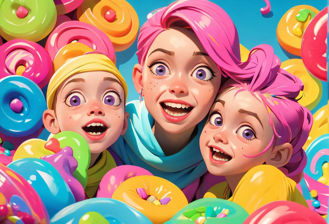 Colorful assortment of gumdrops against a backdrop of a candy store, with children dressed in vibrant outfits smiling and having fun..