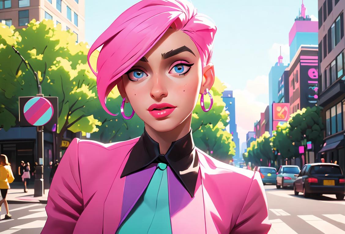 Young transgender person confidently expressing their identity, wearing vibrant colors and modern fashion in a bustling urban setting..