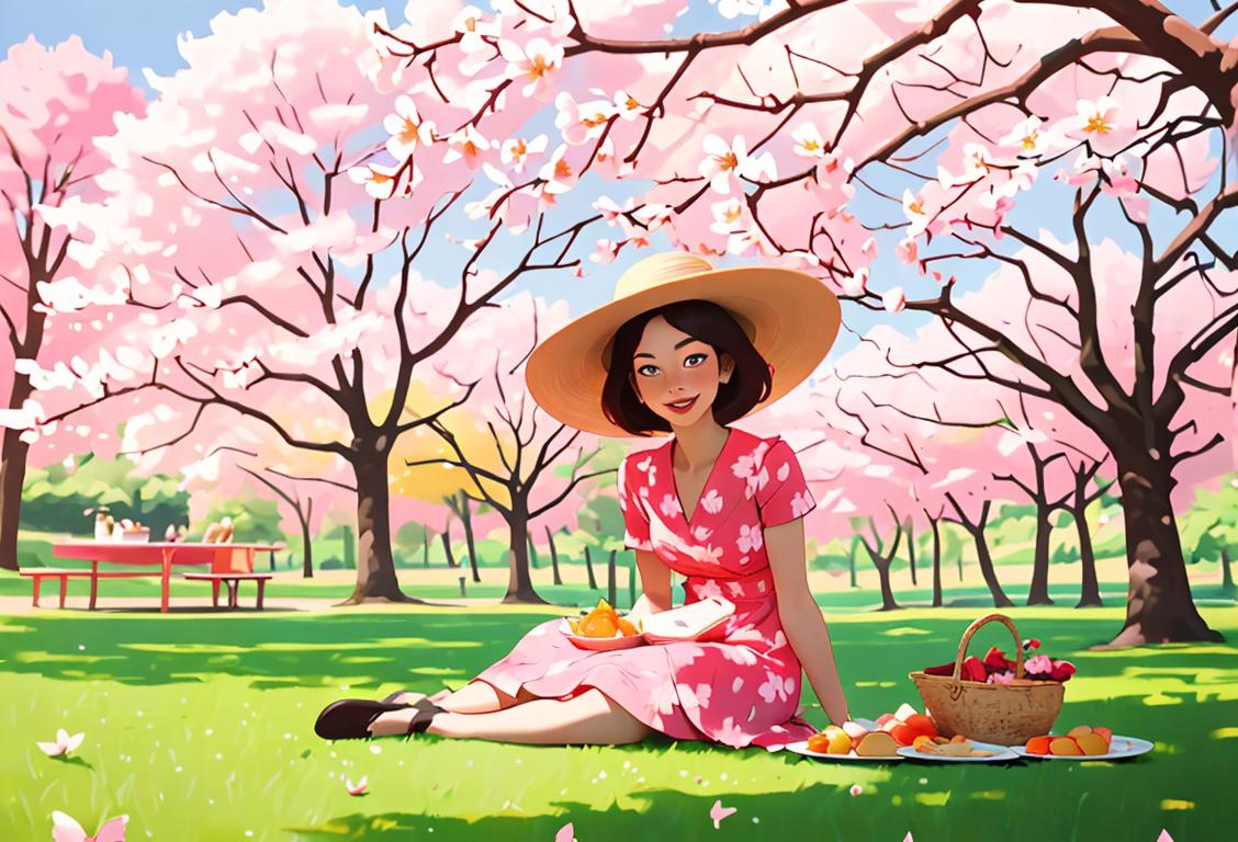 Cheerful young woman with vibrant kire-print dress, wide-brimmed hat, enjoying a picnic in a blooming cherry blossom park..