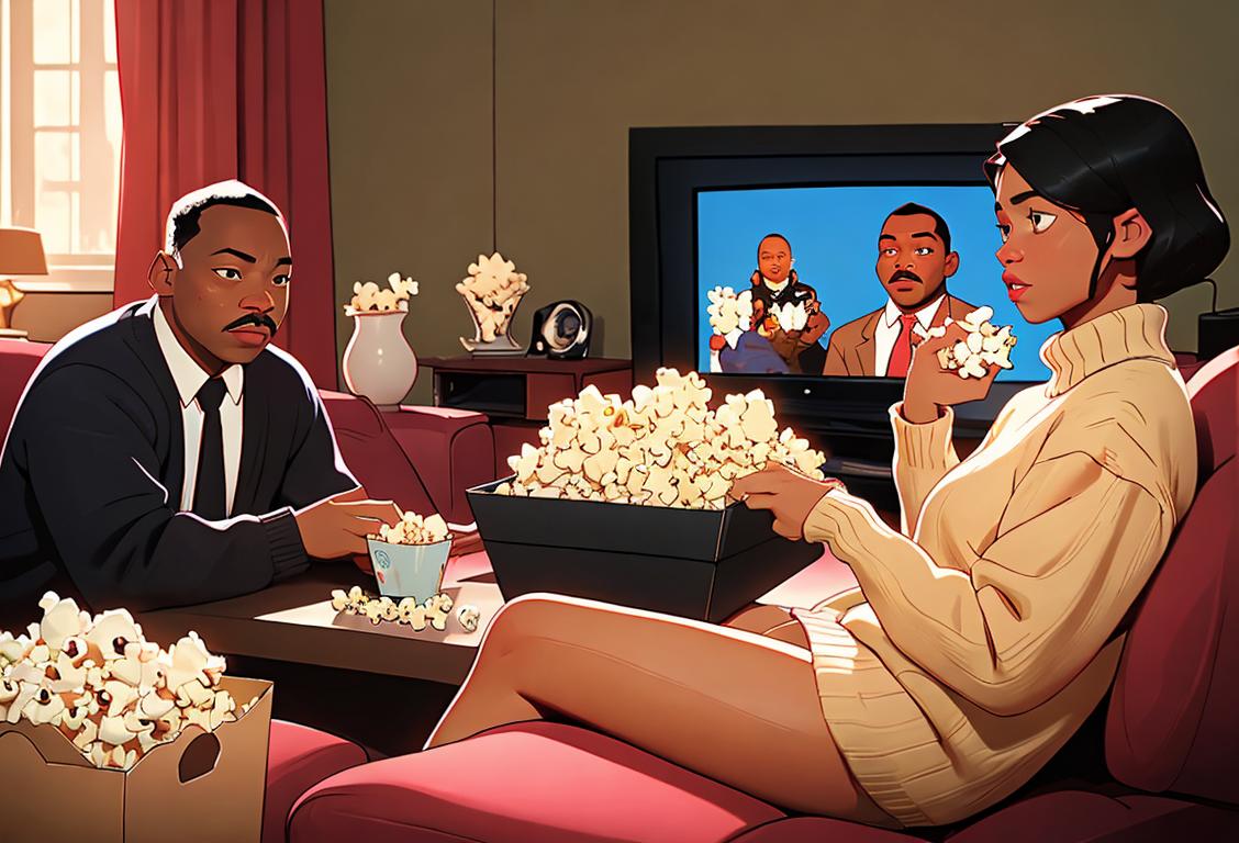 A diverse group of people gathered around a TV, wearing cozy sweaters, popcorn in hand, watching a documentary about MLK, with a cozy living room setting..