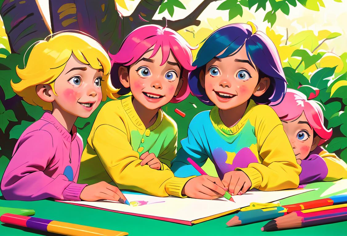 A group of diverse children using Crayola crayons to create colorful artworks, surrounded by vibrant nature and smiling with joy..