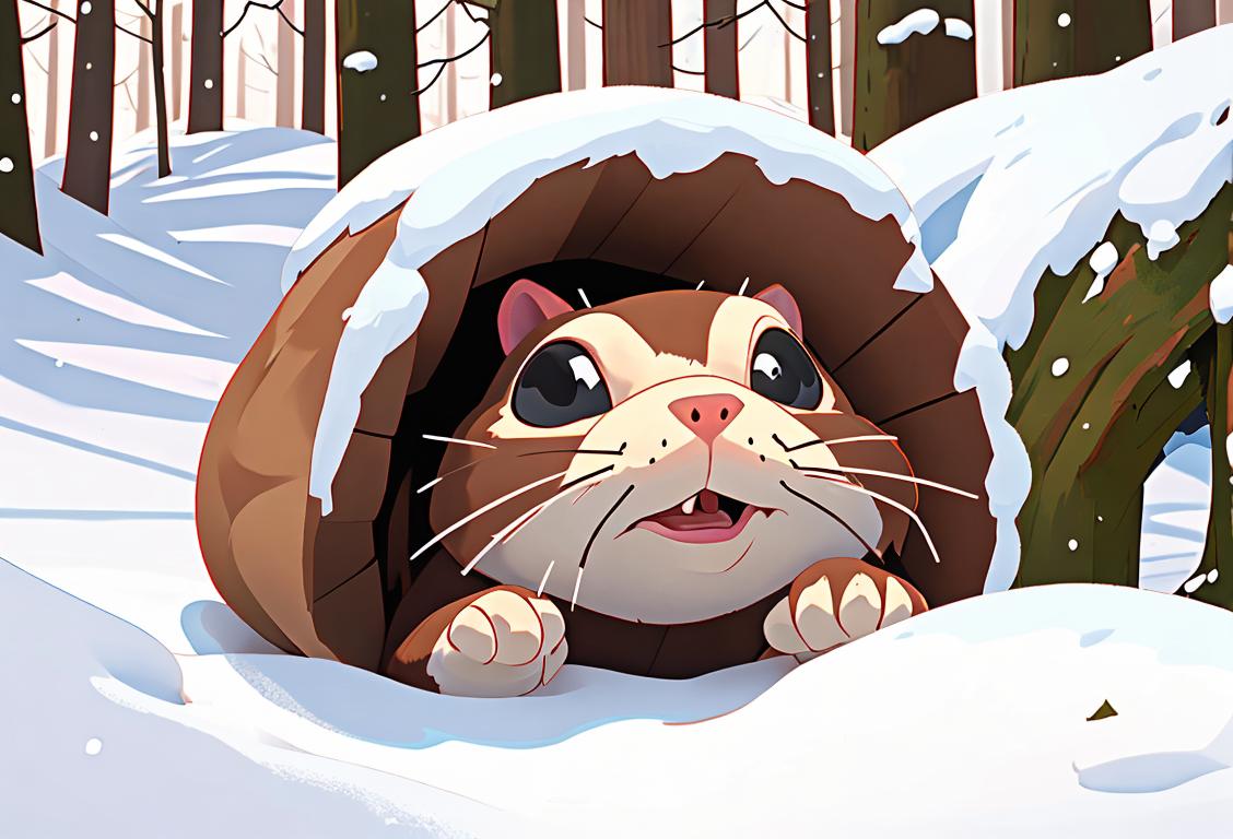Adorable groundhog popping out of a snowy burrow with children wearing cozy winter clothes and a snowy forest in the background..