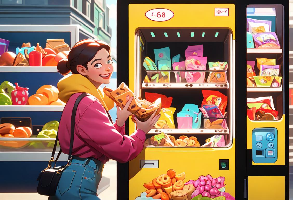 A delighted person reaching into a vending machine, surrounded by an array of snacks. Trendy outfit, vibrant city background, and joyful expressions..