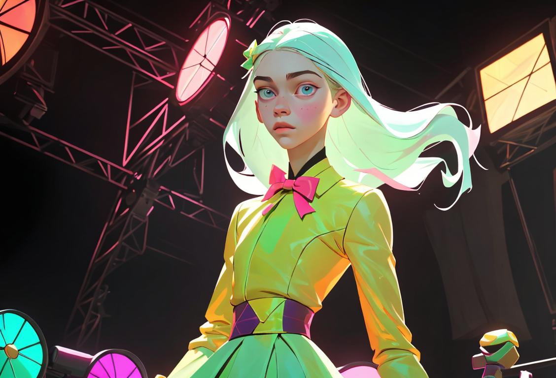 Hunter Schafer posing in a colorful outfit, runway lights shining, celebrating personal style and breaking boundaries..