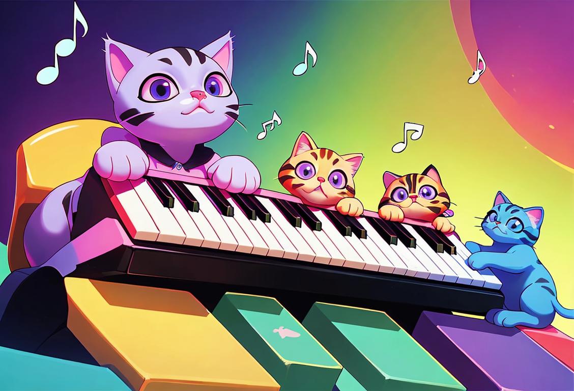 Happy kittens sitting on a keyboard, surrounded by colorful musical notes, with a retro neon background..