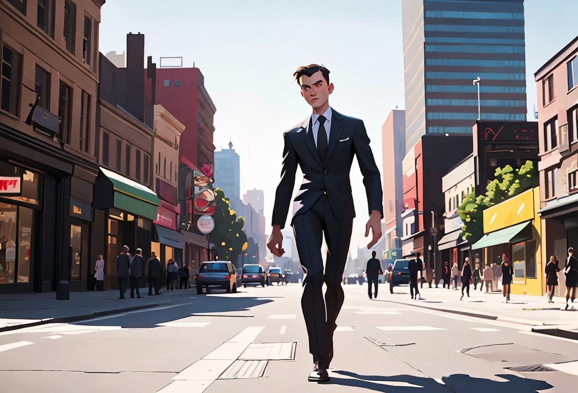 Young person walking confidently, wearing a sleek suit, urban city backdrop, empowering and dignified.
