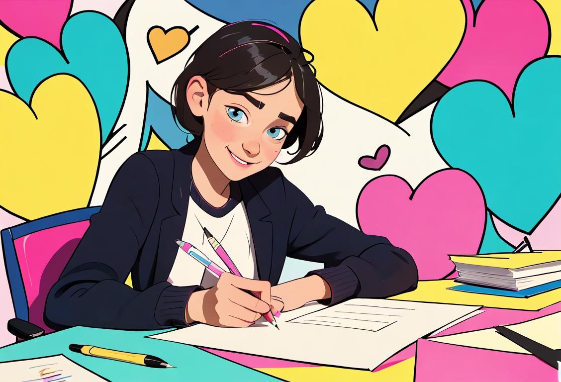Young person sitting at a desk, surrounded by colorful stationery and pens, writing a heartfelt letter with a smile..