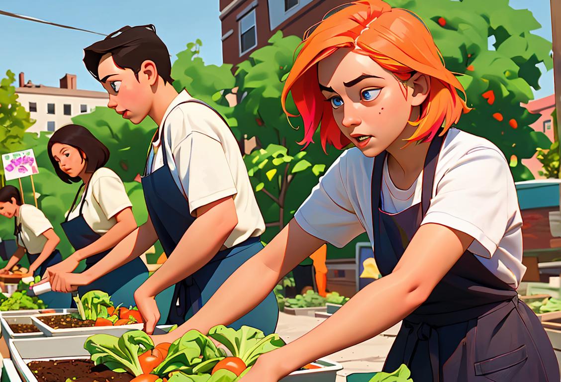 Young people at a food drive event, wearing aprons, planting vegetables in a community garden, with a colorful mural in the background..