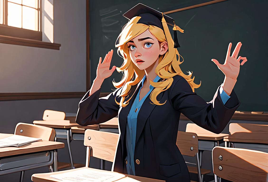 Young person raising their hand, wearing a graduation cap and gown, in a classroom setting.