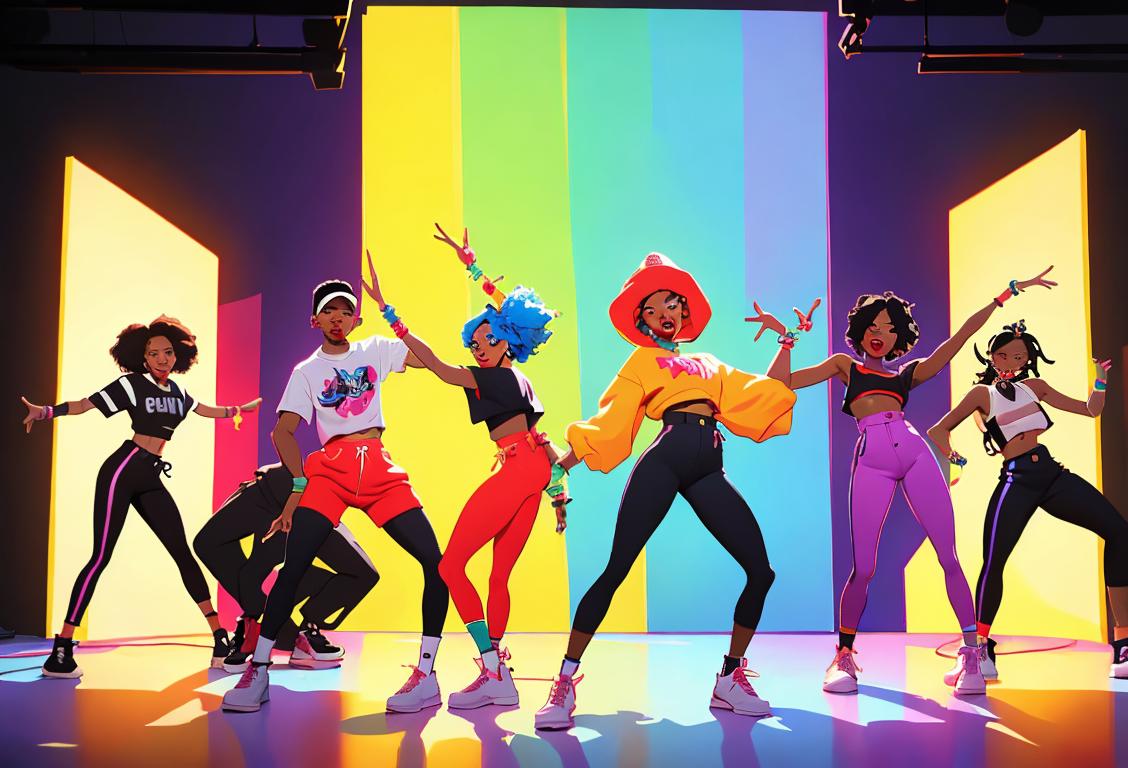 A group of diverse people, dressed in trendy urban outfits, dancing and enjoying hip hop music under colorful lights..