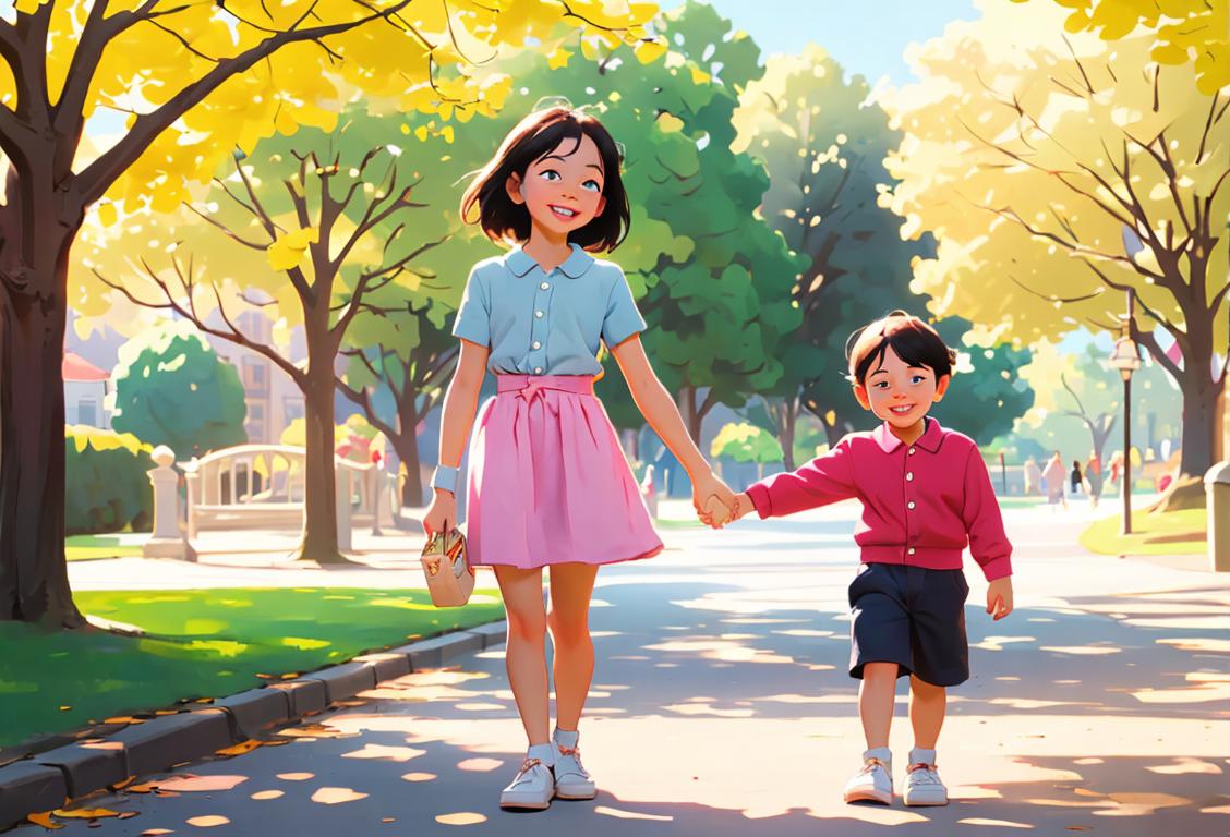 Young child wearing orthopedic shoe, smiling and holding hands with supportive friends, sunny park setting..