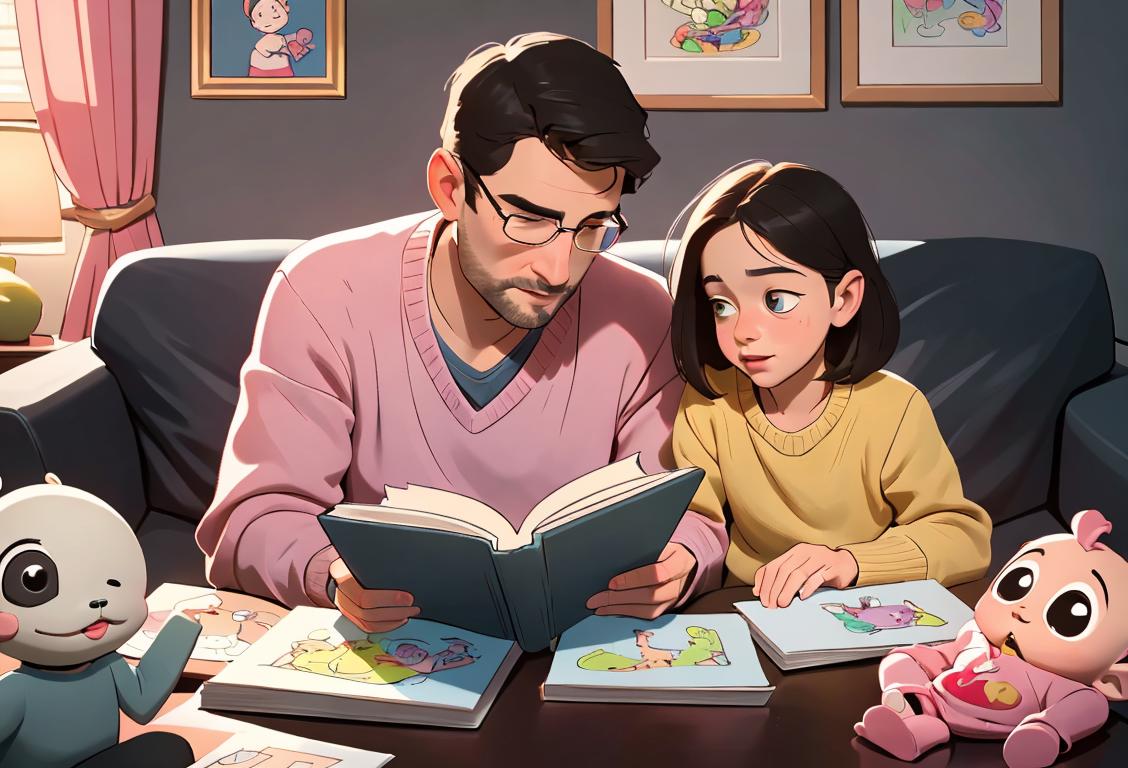 A loving couple reading a book with a child, surrounded by children's toys and drawings, cozy living room setting..