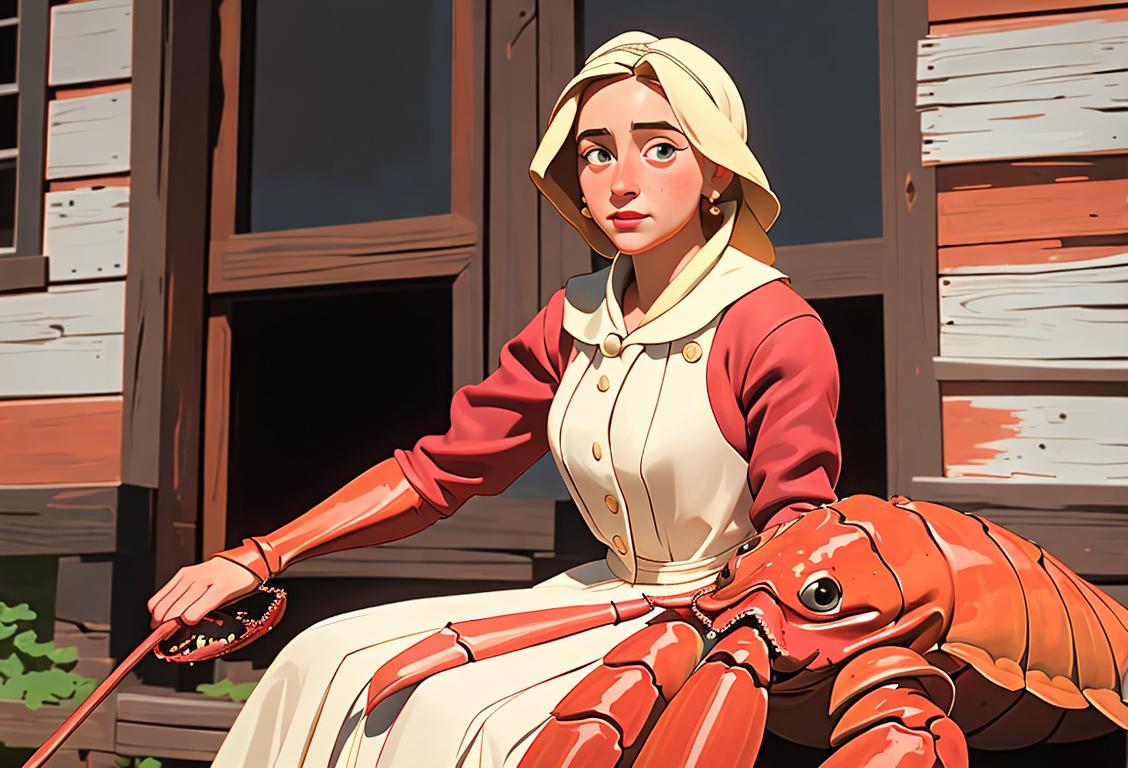 Young woman wearing a colonial style dress, holding a lobster, old American town setting..