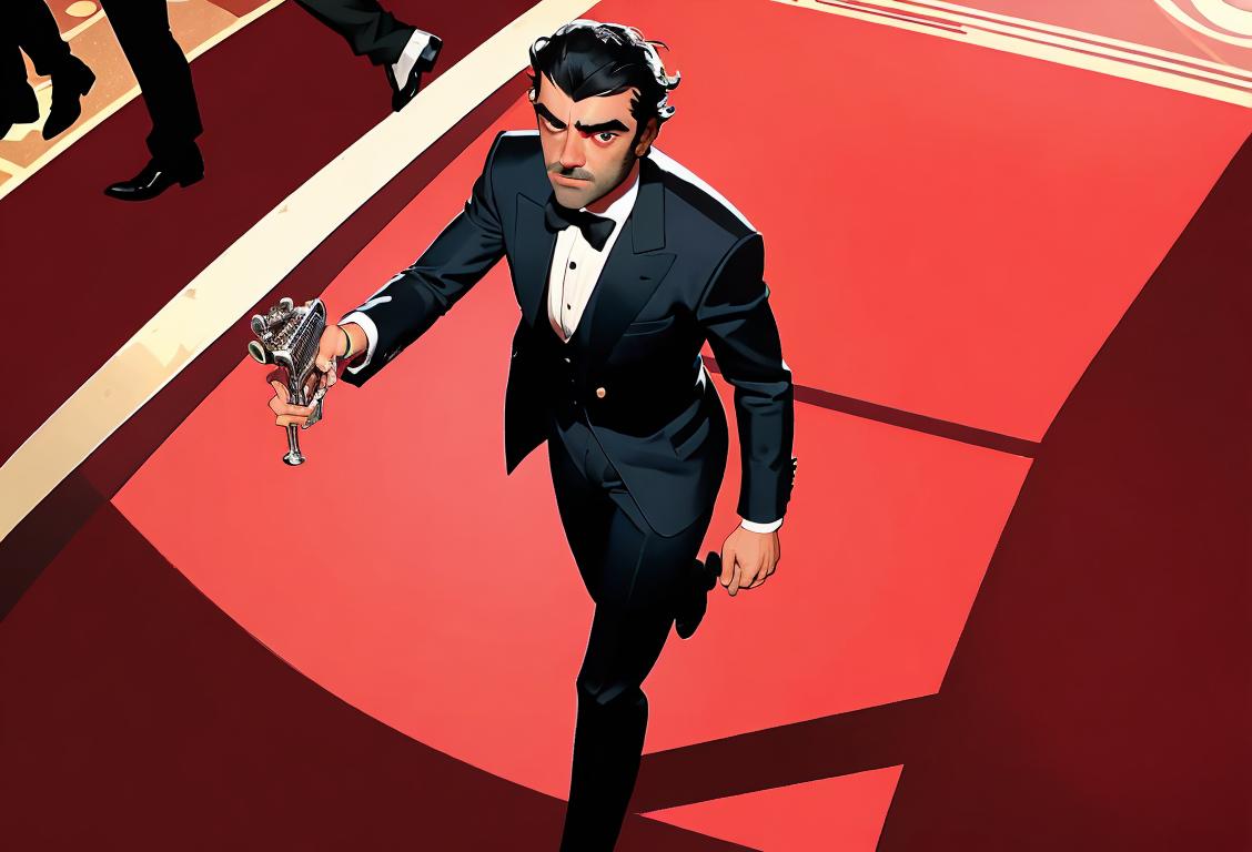 A handsome and charismatic Oscar Isaac, dressed in a sharp suit, on a red carpet surrounded by paparazzi and flashing cameras..