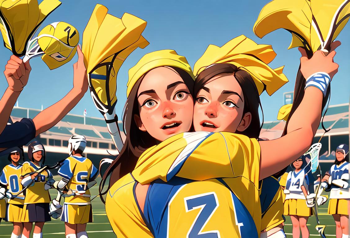 Friendly lacrosse player being embraced in a sunny field, wearing lacrosse gear, surrounded by cheering spectators..