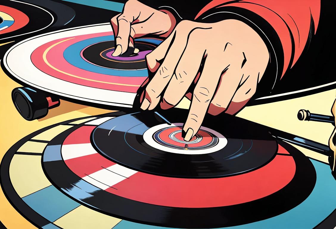 A person in vintage attire carefully placing a vinyl record onto a turntable, surrounded by retro decor and vibrant album covers..