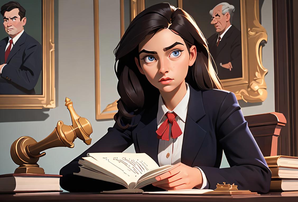 A heroic young woman in a crisp blazer, holding a gavel, surrounded by law books and a courthouse backdrop..