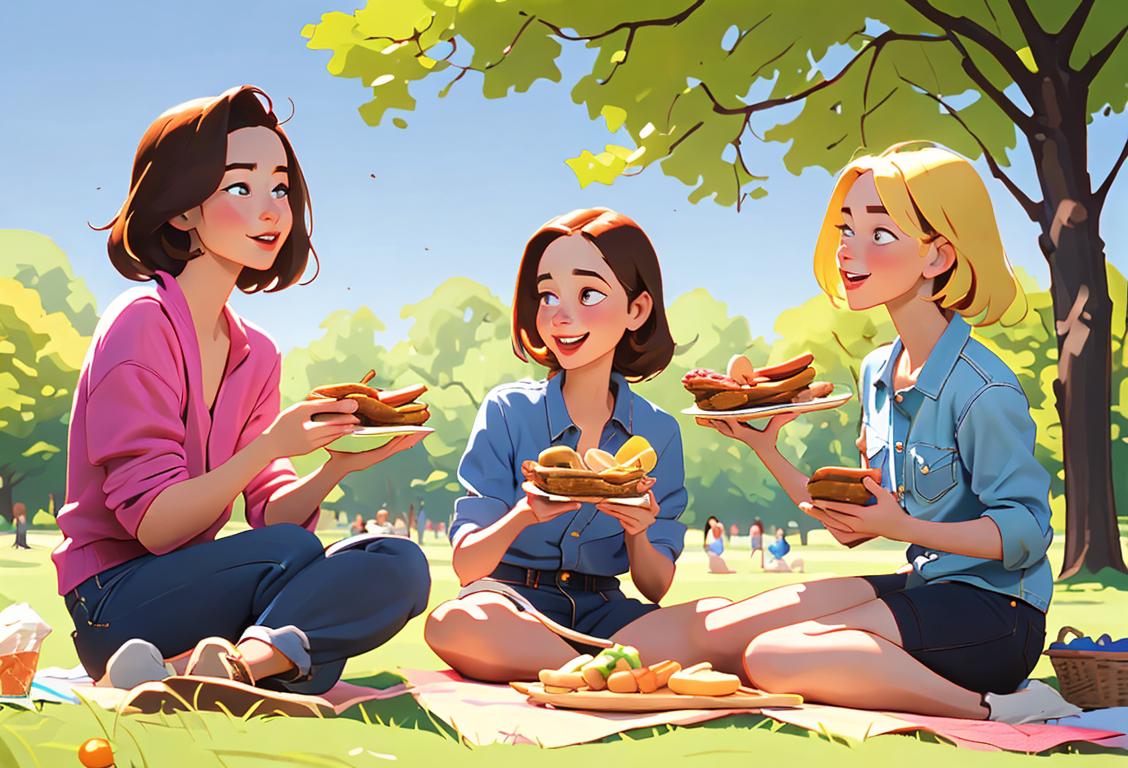 Happy individuals holding delicious snickles while enjoying a picnic in a sunny park, showcasing diverse fashion styles and surrounded by nature..