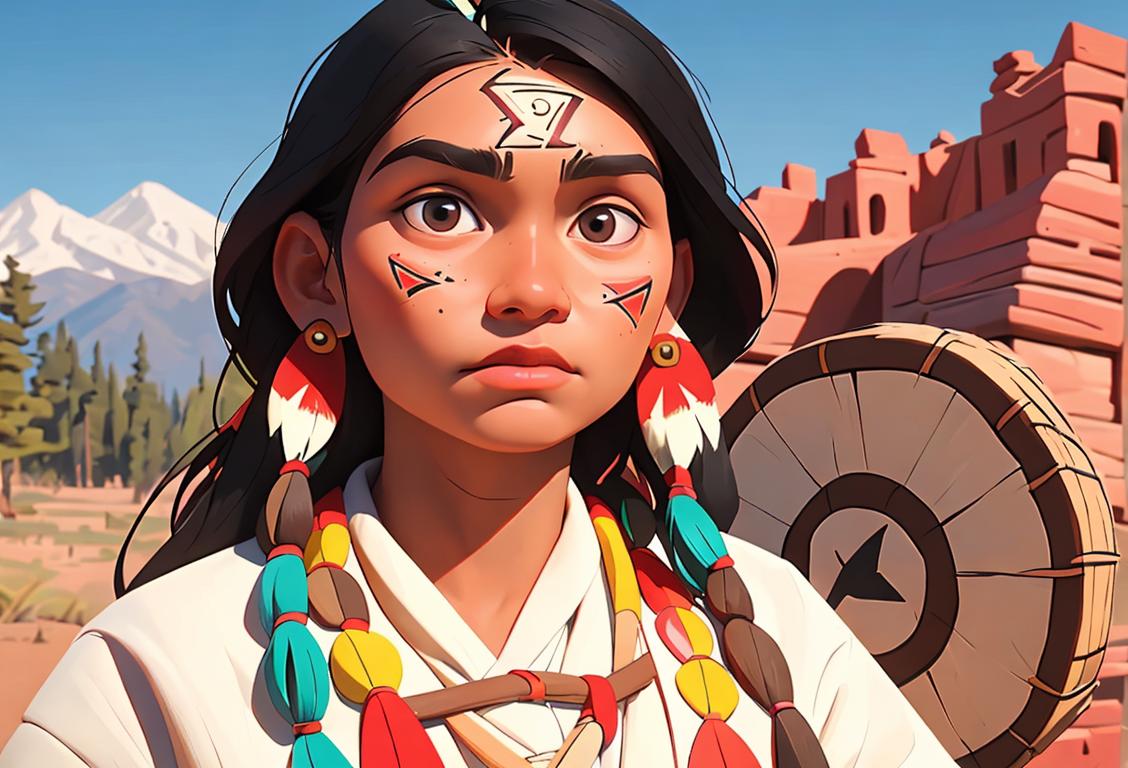 A young indigenous person wearing traditional clothing, surrounded by symbols of indigenous culture, against a beautiful natural backdrop..