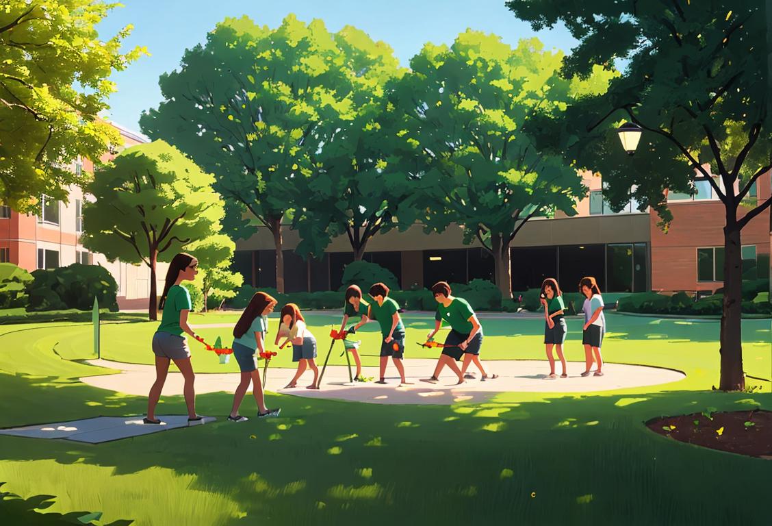 Young students planting trees in a lush campus garden, wearing green t-shirts, modern campus setting with renewable energy installations..