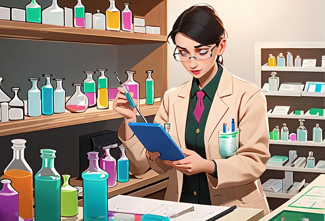 Pharmacy technician wearing a lab coat, holding a mortar and pestle, surrounded by colorful prescriptions and medicine bottles..