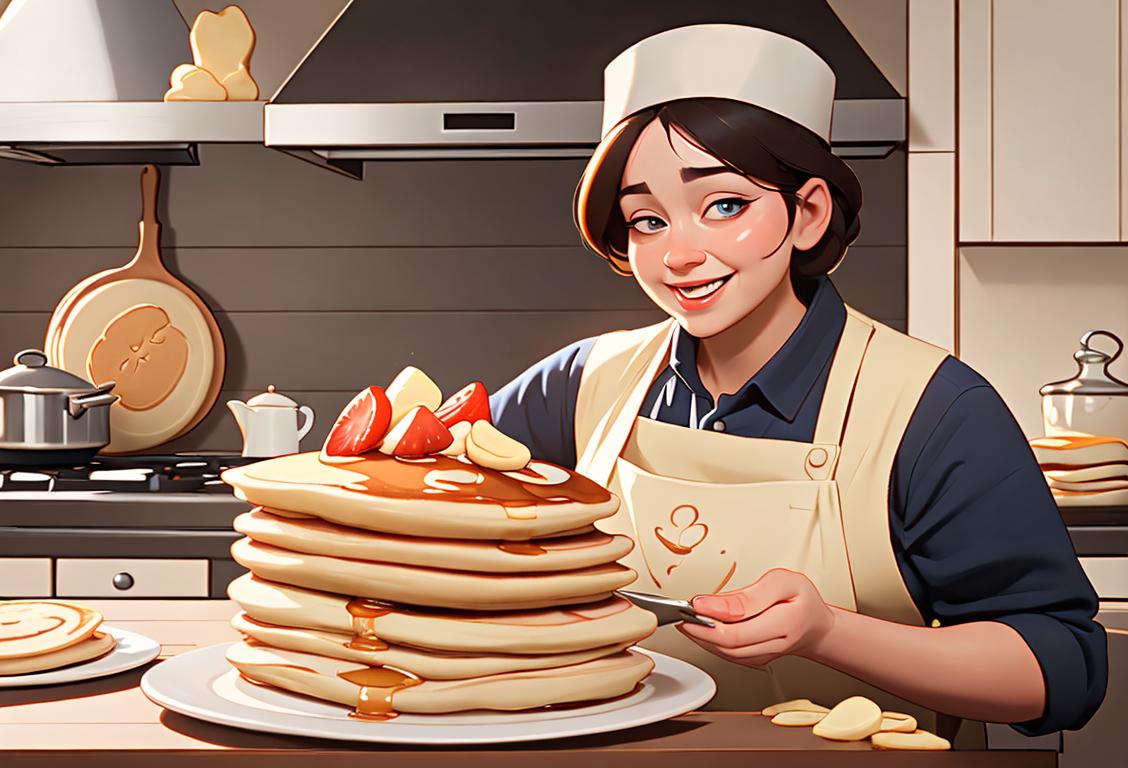 A joyful person flipping pancakes in a cozy kitchen, wearing a chef hat and apron, with a stack of pancakes and toppings on the side..