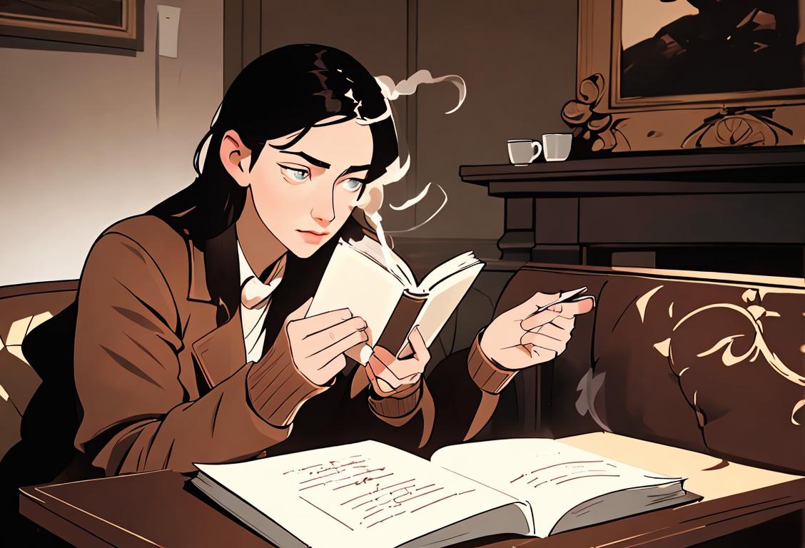 A thoughtful person sitting in a cozy cafe, reading a book of poetry, surrounded by warm lighting and a steaming cup of tea..