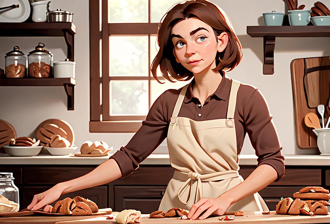 Young woman baking pecan cookies in a cozy kitchen, wearing an apron and holding a wooden rolling pin, surrounded by jars of pecans and freshly baked goods.