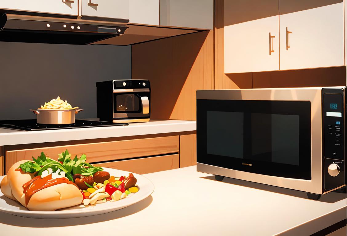 A modern kitchen with a microwave, showcasing different food items being prepared, creating a warm and inviting atmosphere..