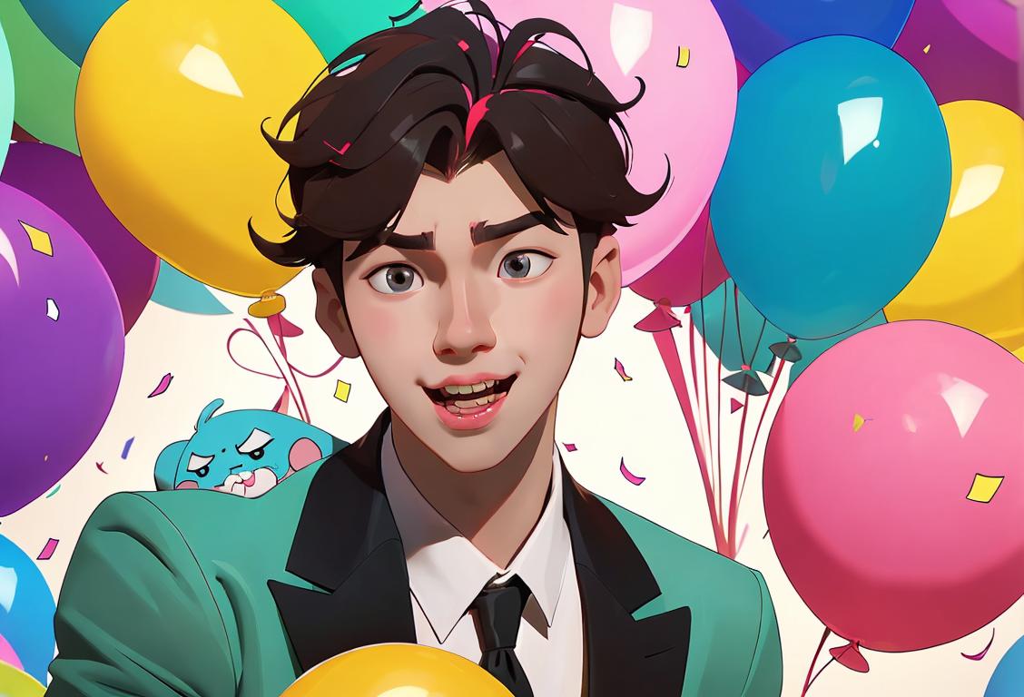 Young man with a playful expression, wearing Woohyun-themed accessories, surrounded by colorful balloons and confetti..