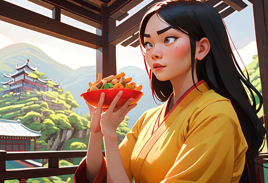 Young woman wearing traditional Hakka attire, enjoying Hakka-style snacks, surrounded by vibrant Hakka decorations and scenery..