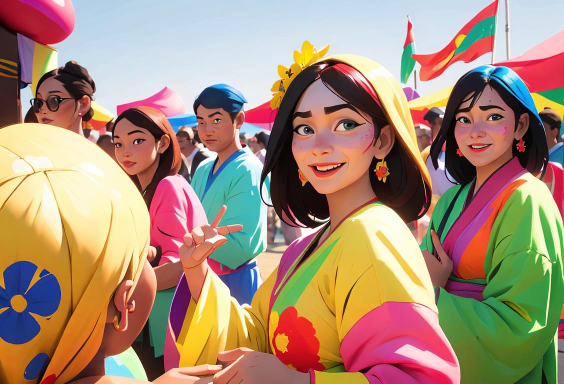 Cheerful group of people, wearing colorful clothing, representing diverse cultures, celebrating National Recognized Day in a lively outdoor festival setting..