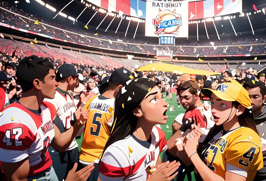 A group of victorious athletes wearing jerseys, holding their national championship rings, with confetti raining down in a stadium..