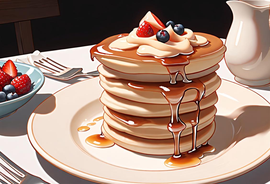A stack of fluffy pancakes with syrup drizzling down, topped with fresh berries, served on a cozy breakfast table..