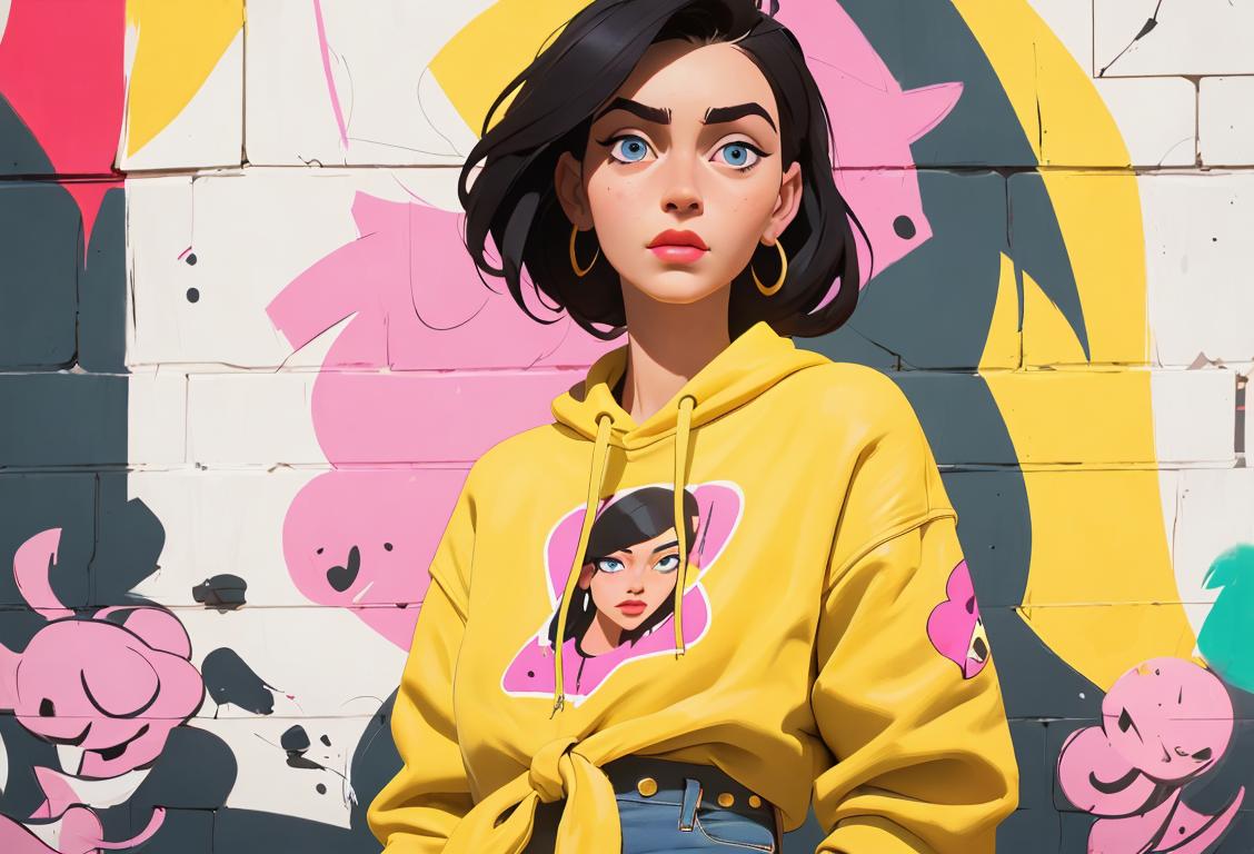 Young woman sporting trendy outfit, posing in front of urban street art, fashion-forward crowd gathered around, celebrating National Trend Day!.
