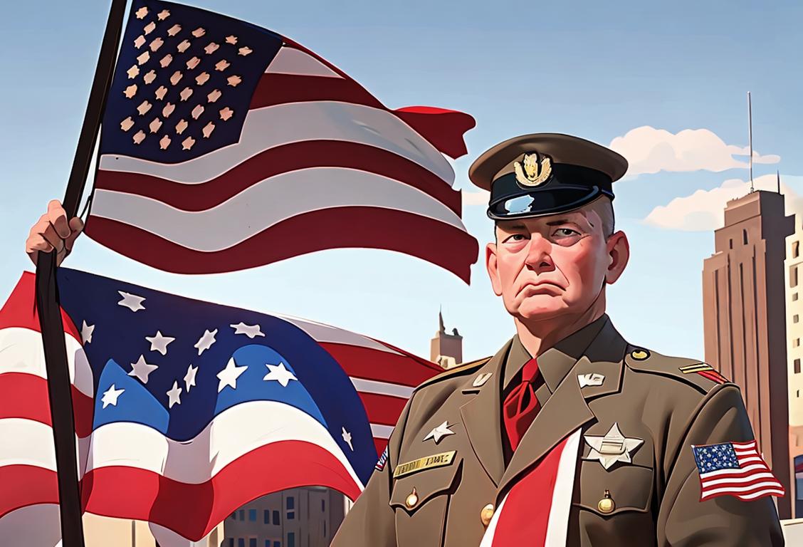 A patriotic veteran holding an American flag, wearing a military uniform, against a backdrop of a bustling city..