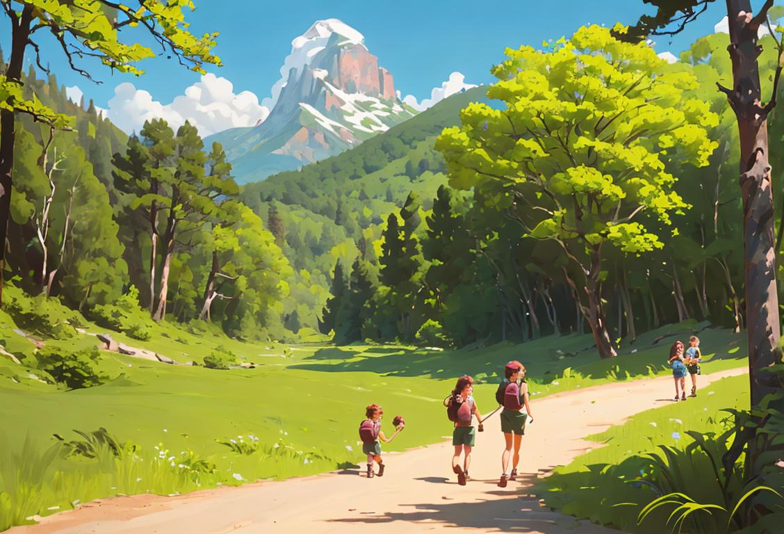 A family hiking through a national park, wearing adventure gear, surrounded by lush greenery and stunning landscapes..