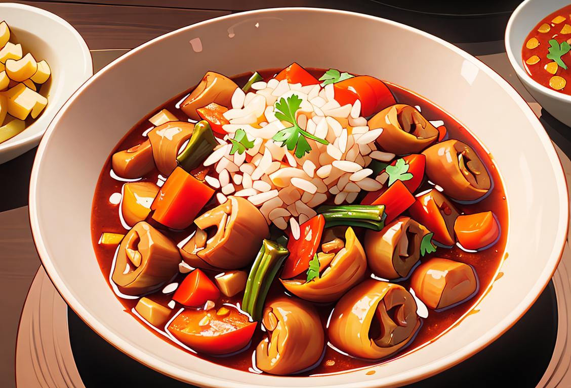 A bowl of steamy pepper pot stew with vibrant spices, surrounded by ingredients from around the world like plantains, cassava, and okra, creating a cultural fusion of flavors..