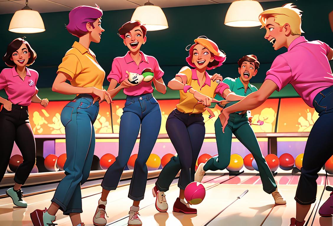 A group of friends dressed in retro bowling attire, sporting colorful shirts, high-waisted pants, and fashionable bowling shoes, laughing and enjoying a game at a vibrant bowling alley..