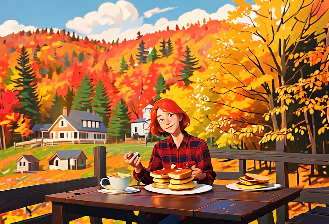 Scenic view of a cozy cabin in Vermont, surrounded by colorful autumn foliage, with a person wearing a flannel shirt and enjoying a stack of pancakes with syrup..