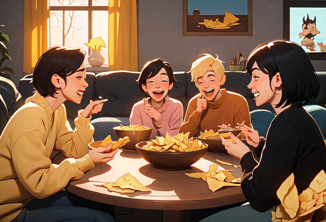 A group of friends gathered around a bowl of cornchips, laughing and enjoying a game night, with cozy sweaters and cozy living room decor..