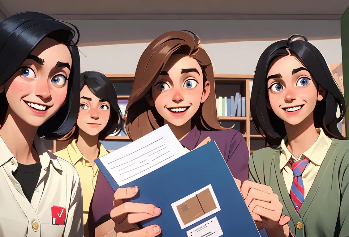 Teenagers wearing casual clothes, surrounded by books, holding voter registration forms, cheerful expression on their faces..