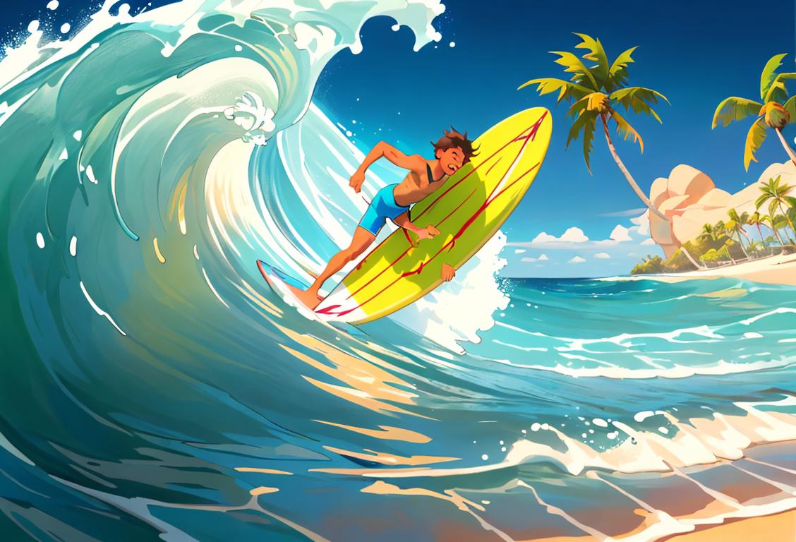 Happy surfer riding a perfect wave, dressed in colorful boardshorts, tropical beach background, surrounded by palm trees and sunshine..