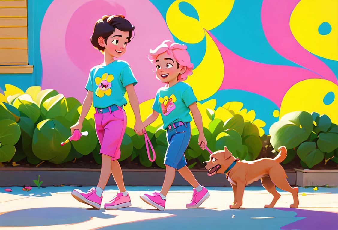 Bubbly children painting colorful murals in a friendly suburban neighborhood, wearing bright t-shirts, cheerful outfits, and surrounded by happy residents gardening and walking their dogs..