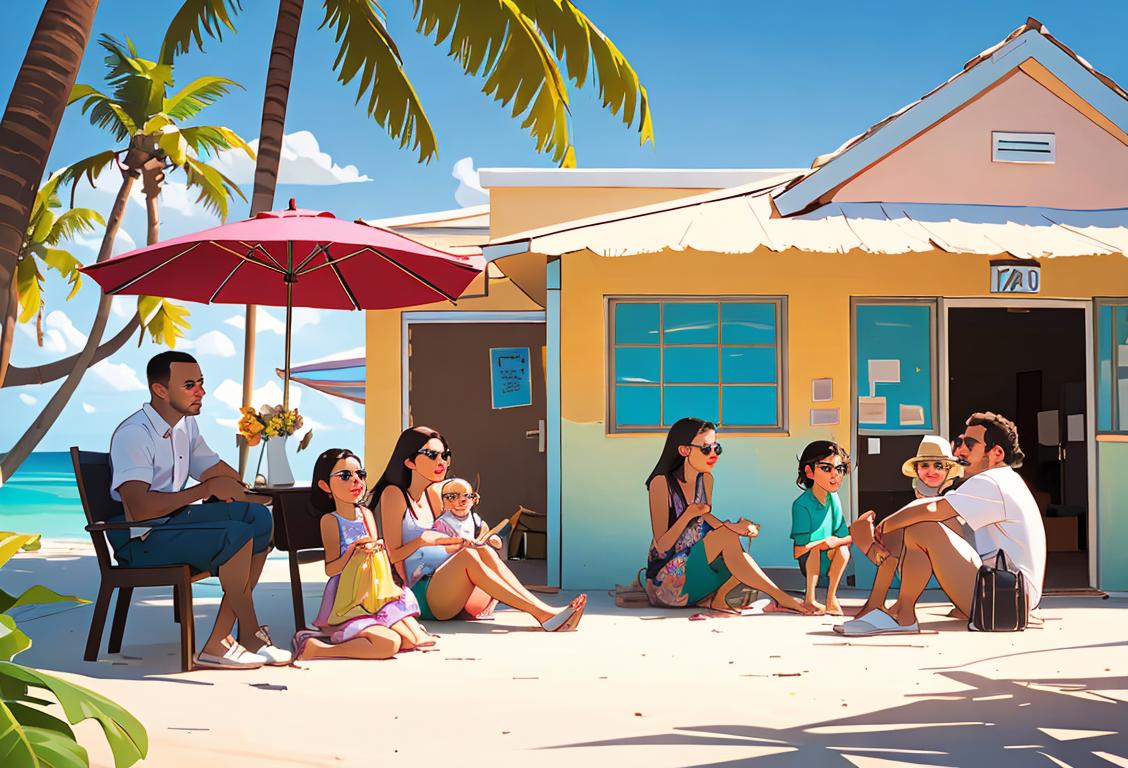 A family of diverse individuals sitting outside of a closed passport center, wearing summer clothing, Caribbean island vacation scene..