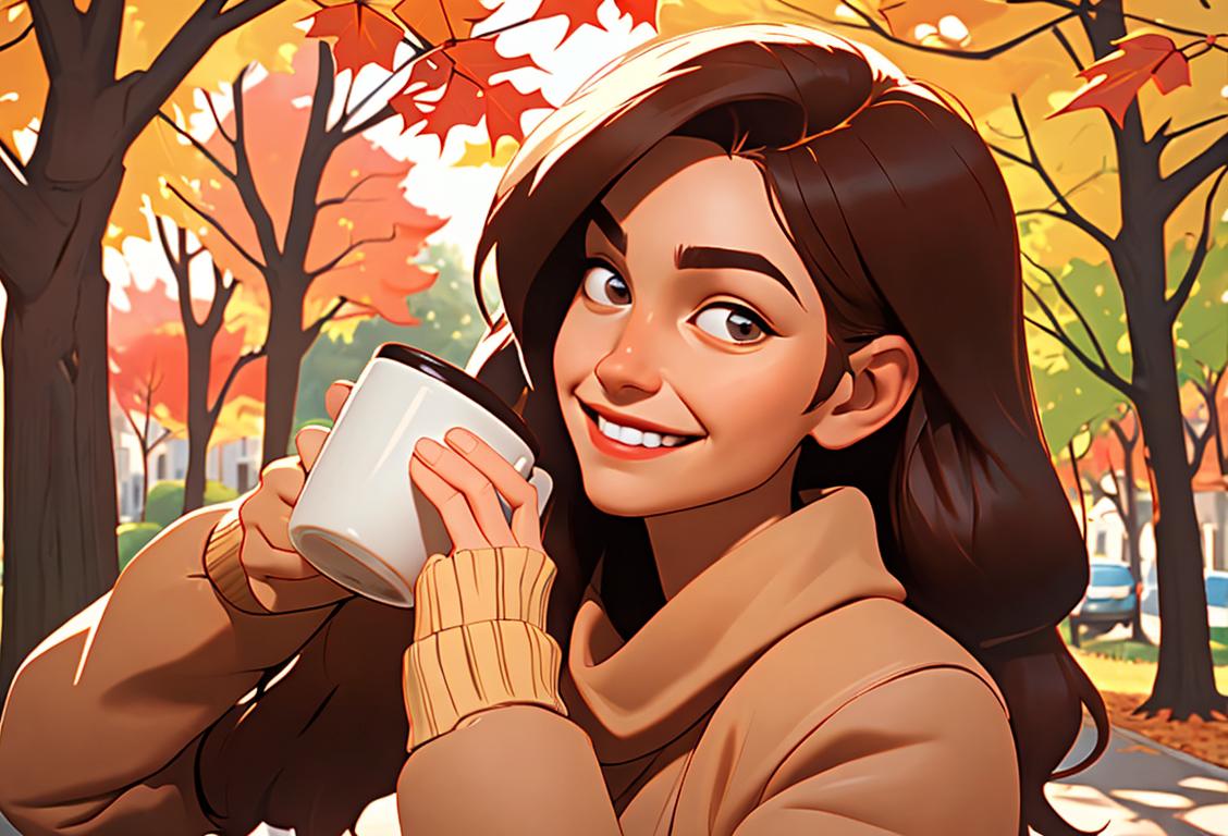 A person holding a coffee mug with a smile, wearing cozy fall fashion, surrounded by autumn leaves..