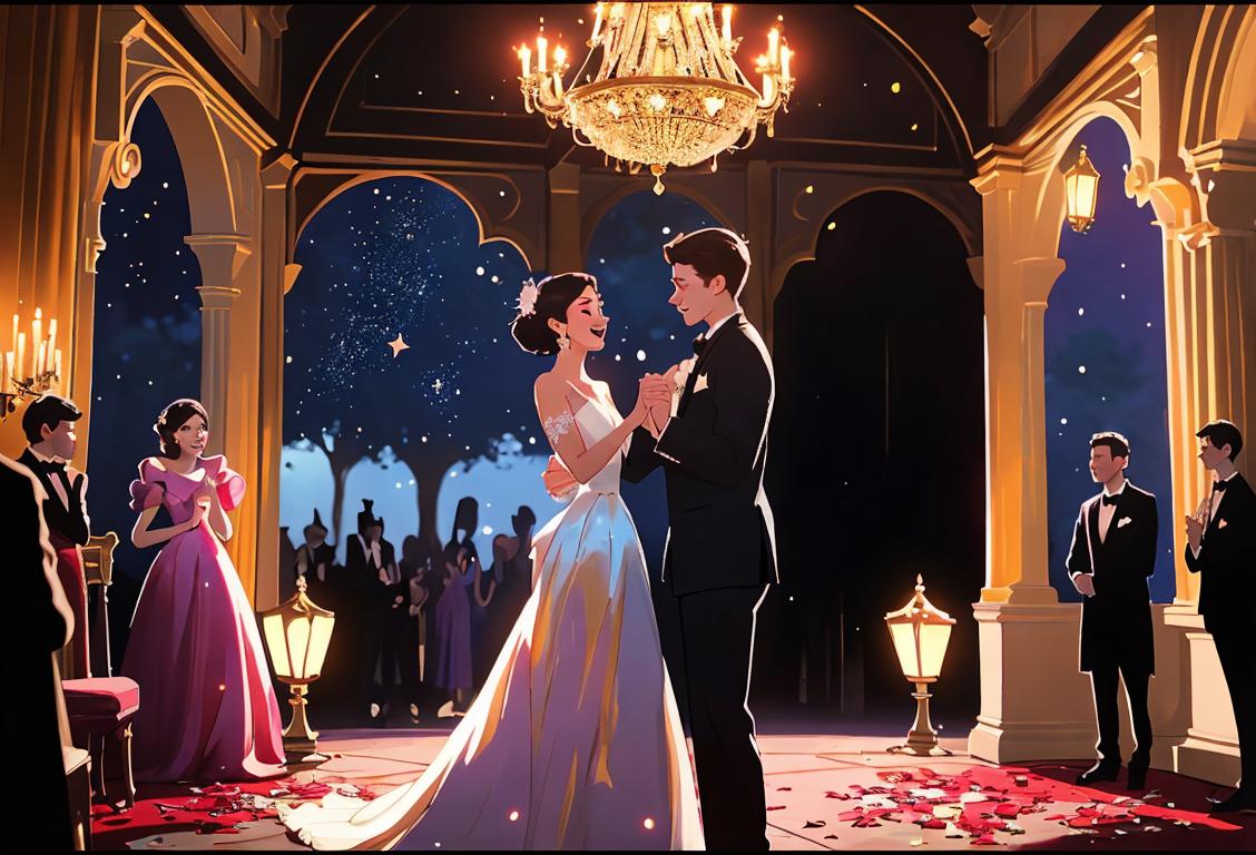 A group of young adults in stylish prom attire, dancing under a canopy of fairy lights and stars, creating a magical prom night atmosphere..