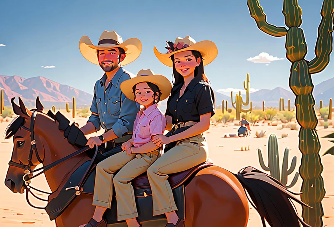 Smiling family riding horses in the Arizona desert, wearing cowboy hats, western fashion, surrounded by saguaro cacti..